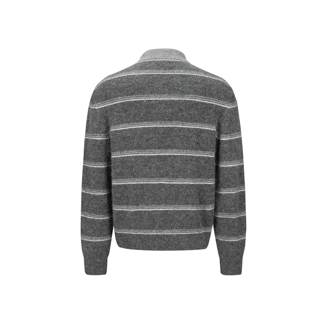 Men's Chunky Knit Polo Collar Sweater with Half Button Placket and Striped Structure Mune Fashion