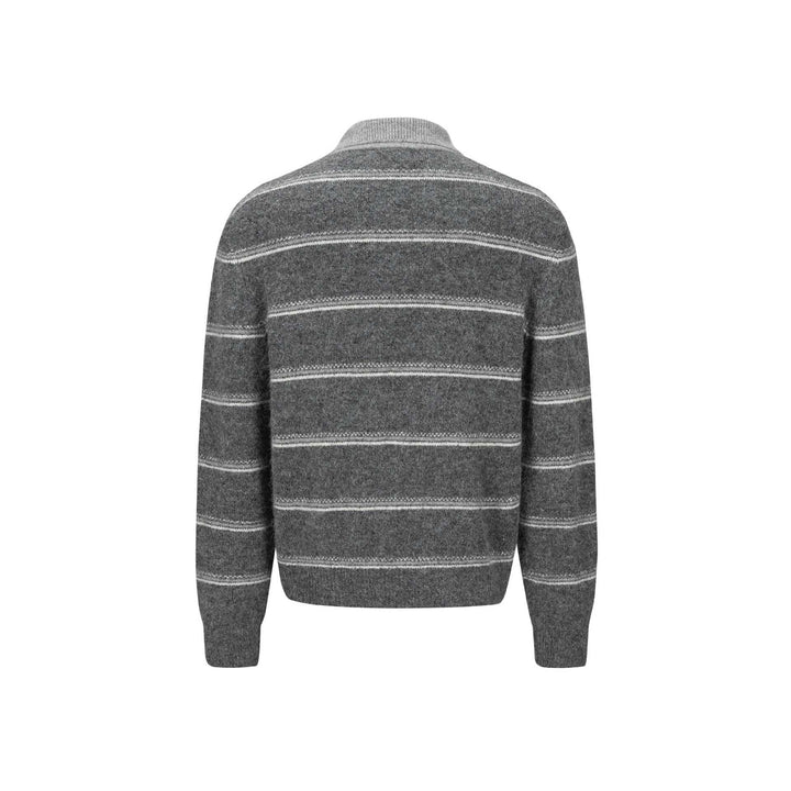 Men's Chunky Knit Polo Collar Sweater with Half Button Placket and Striped Structure Mune Fashion