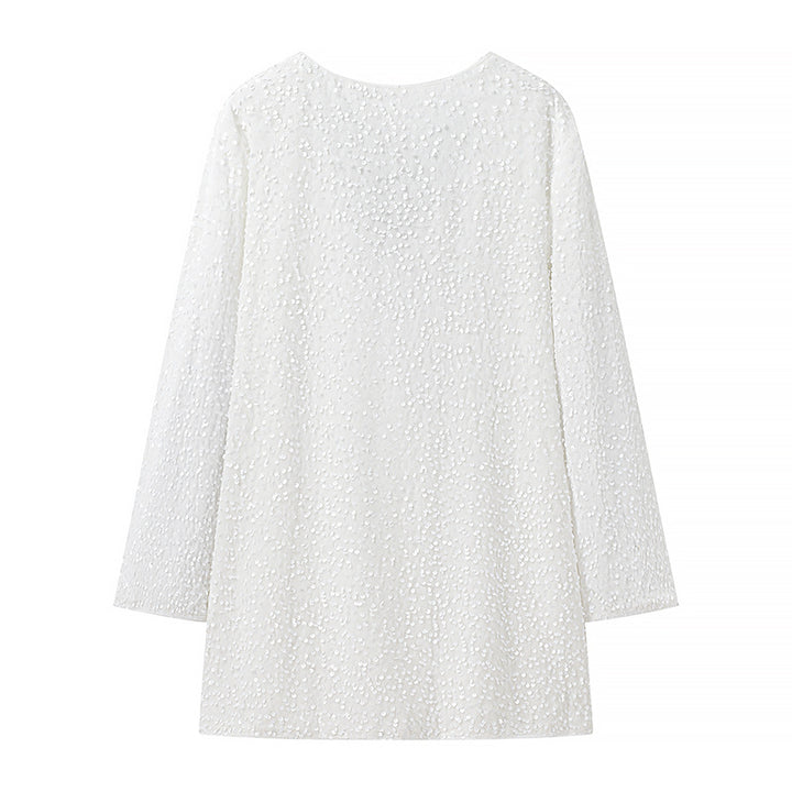 Women's Glitter Tunic with Bow Collar and Fine Sequin Structure Mune Fashion
