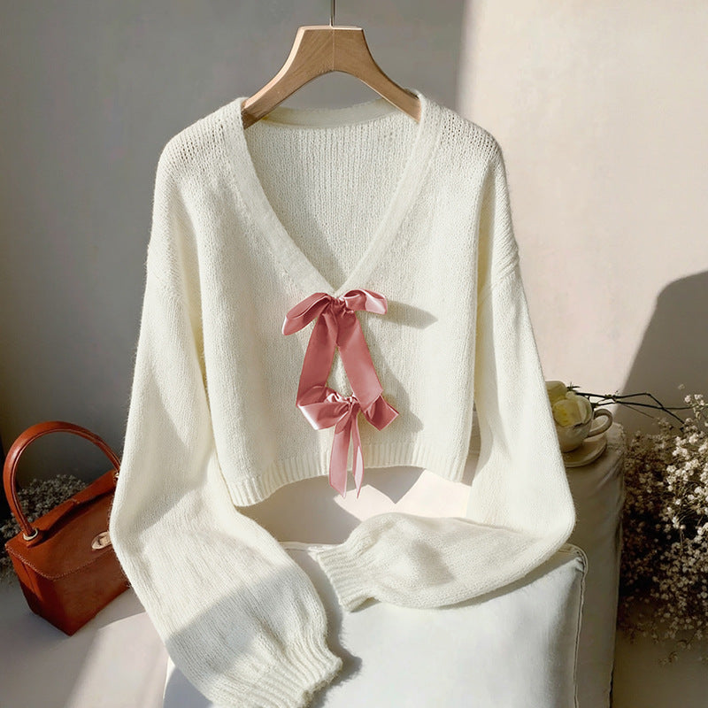 Women Short Cut V-Neck Mohair Blend Sweater with Satin Ribbons