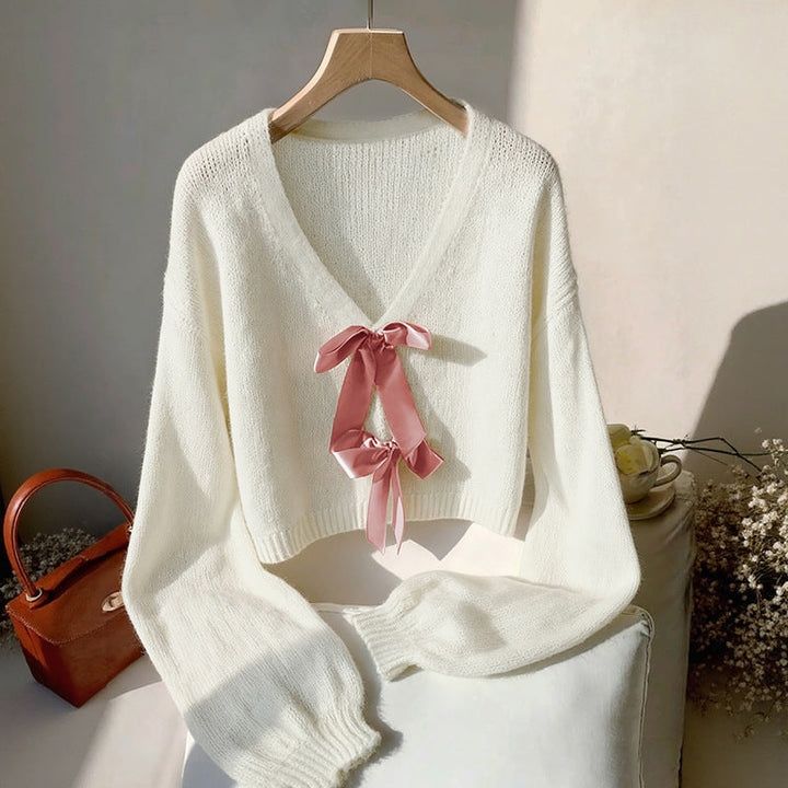 Women Short Cut V-Neck Mohair Blend Sweater with Satin Ribbons