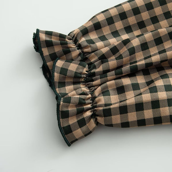 Women Checked Ruffled Blouse with Stand-up Collar and Ruffle Details Mune Fashion