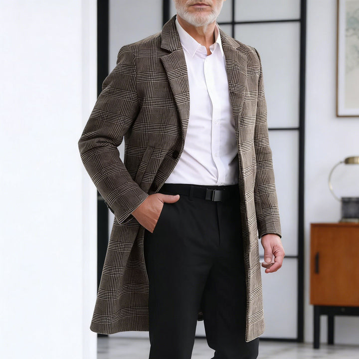 Men's wool blend coat in glen check with a slim long silhouette Mune Fashion