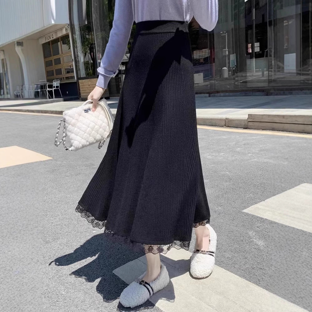Ladies Long Knit Skirt with Delicate Lace Trim Mune Fashion