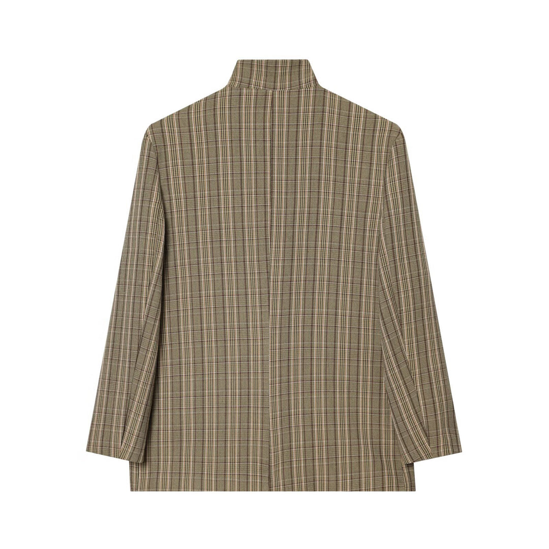 Women's Boxy Glencheck Blazer with Stand Collar and Flap Pockets Mune Fashion