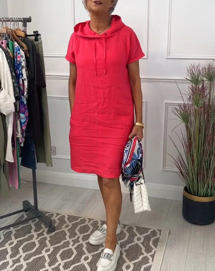 Women's casual hooded midi dress with short sleeves and straight relaxed fit Mune Fashion