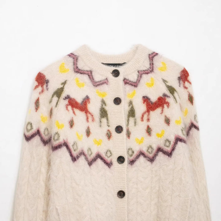Women 10+ patterned mohair cardigan with Norwegian pattern, cable knit and button placket Mune Fashion