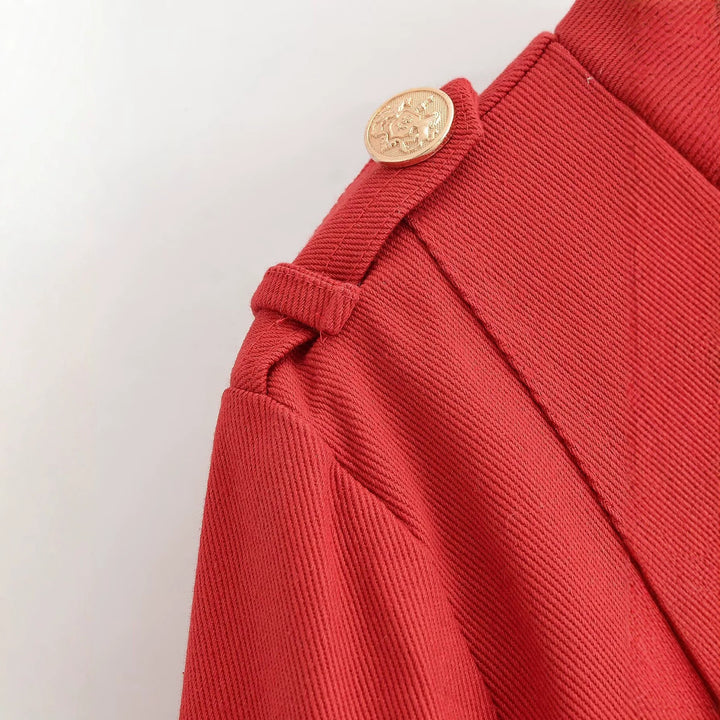 Women Military Inspired Short Jacket with Stand-up Collar, Decorative Straps and Golden Decorative Buttons Mune Fashion
