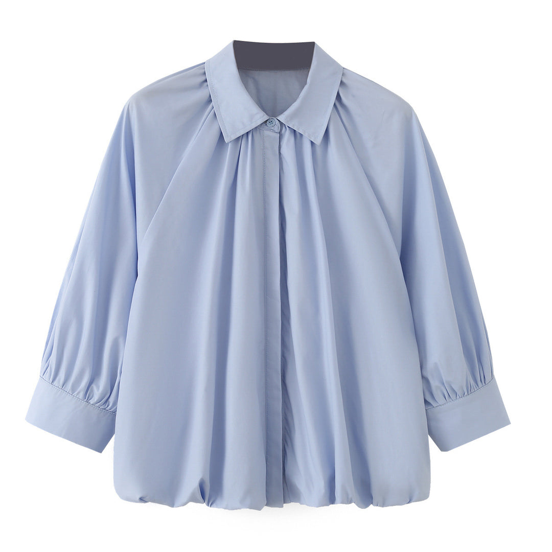 Women's Loose Blouse Shirt with Pleats Balloon Sleeves and Shirt Collar Mune Fashion