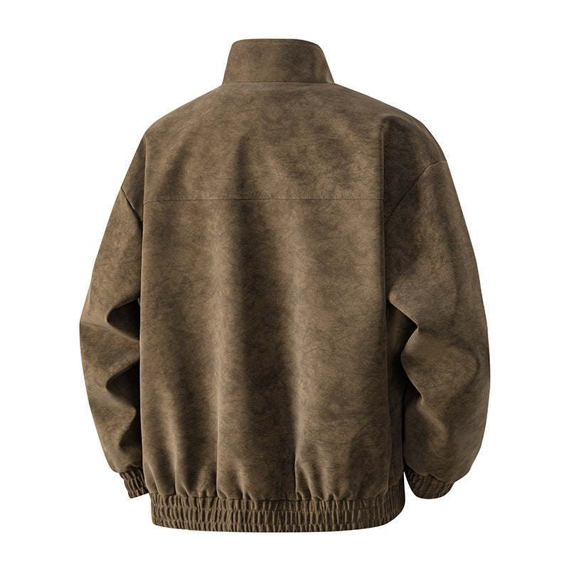 Men's Suede-Look Bomber Jacket with Stand-Up Collar, Zipper and Elastic Hem Mune Fashion