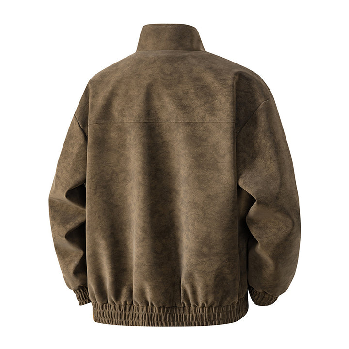 Men's Suede-Look Bomber Jacket with Stand-Up Collar, Zipper and Elastic Hem Mune Fashion