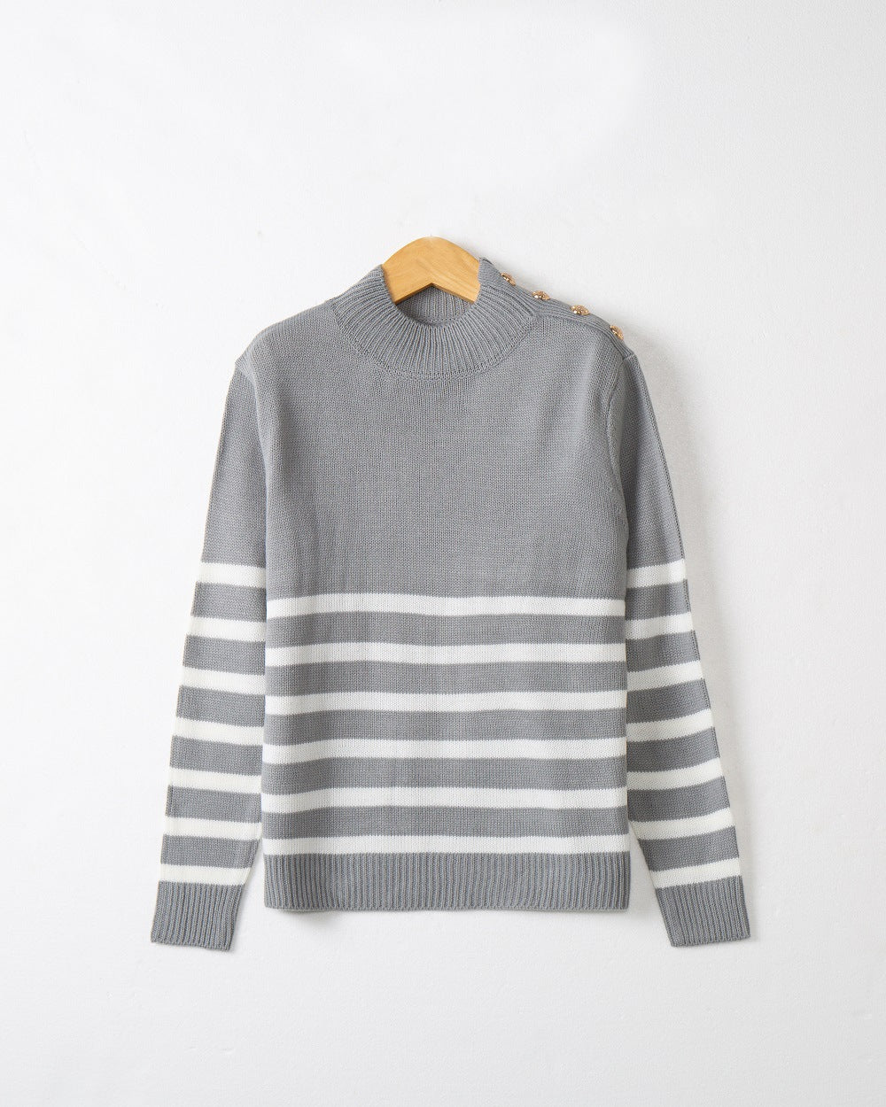 Women's Striped Turtleneck Sweater with Decorative Shoulder Buttons and Ribbed Cuffs Mune Fashion