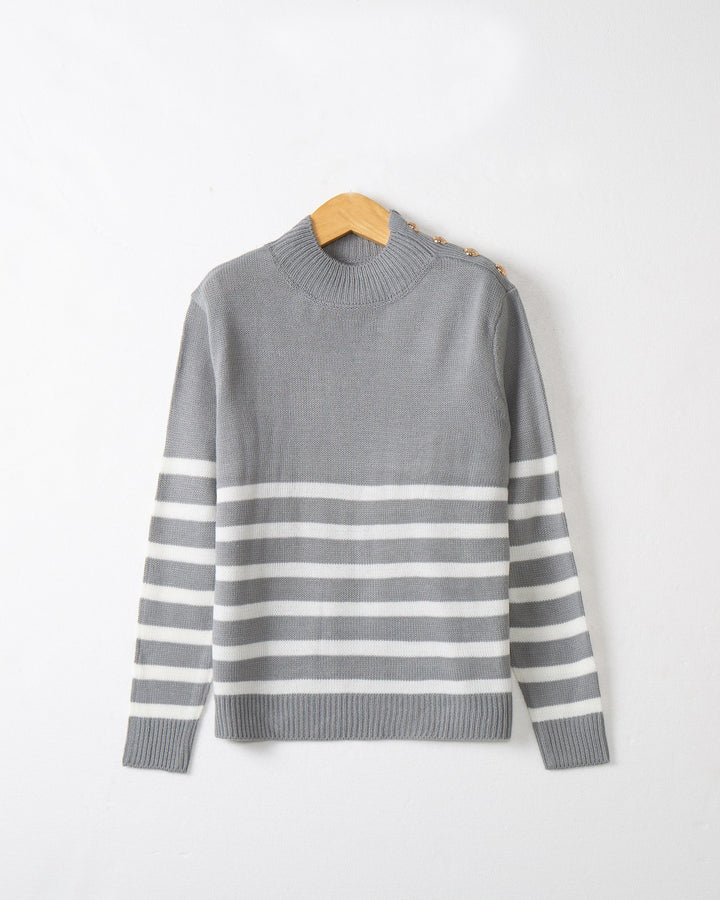 Women's Striped Turtleneck Sweater with Decorative Shoulder Buttons and Ribbed Cuffs Mune Fashion