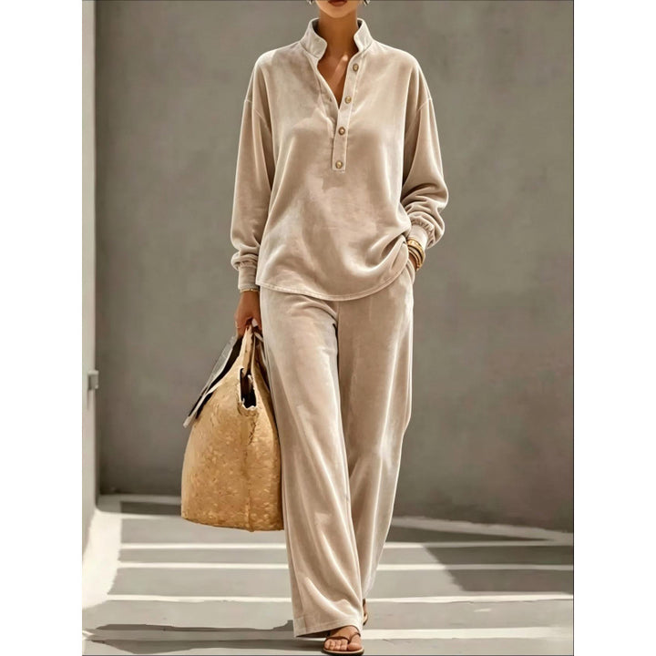 Ladies Velour Loungewear Set with Stand Collar Henley Top and Wide Palazzo Pants Mune Fashion