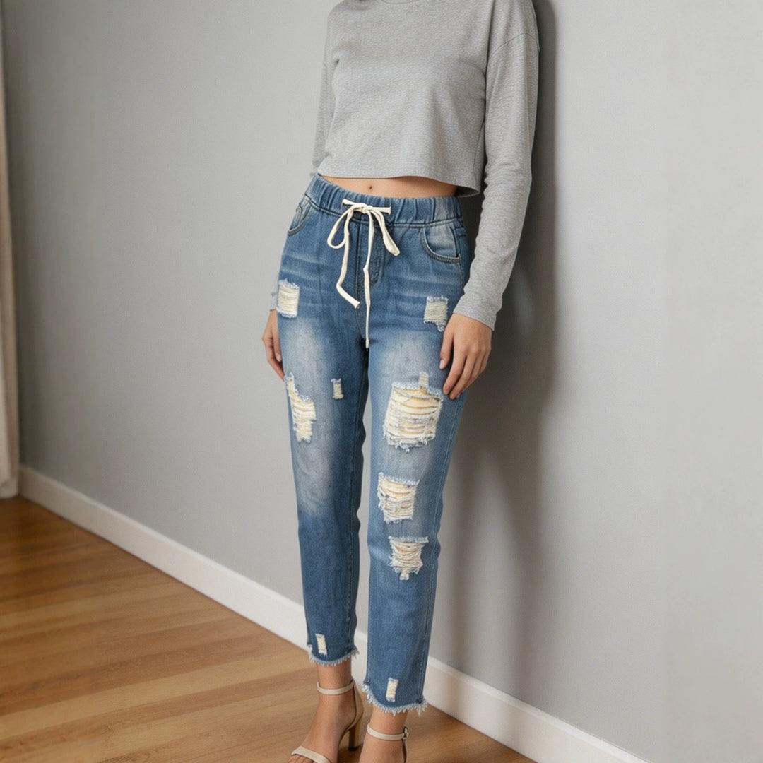 Women nan loose Destroyed-Denim Jogger with elastic drawstring waistband and frayed ankle hem Mune Fashion