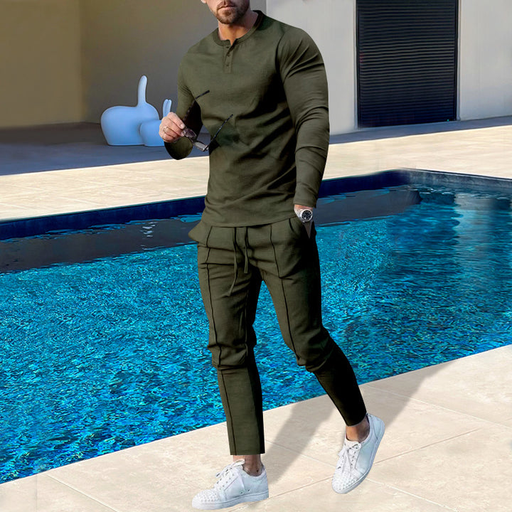 Men's nano athletic Henley long sleeve shirt and tapered jogging pants with decorative seams Mune Fashion