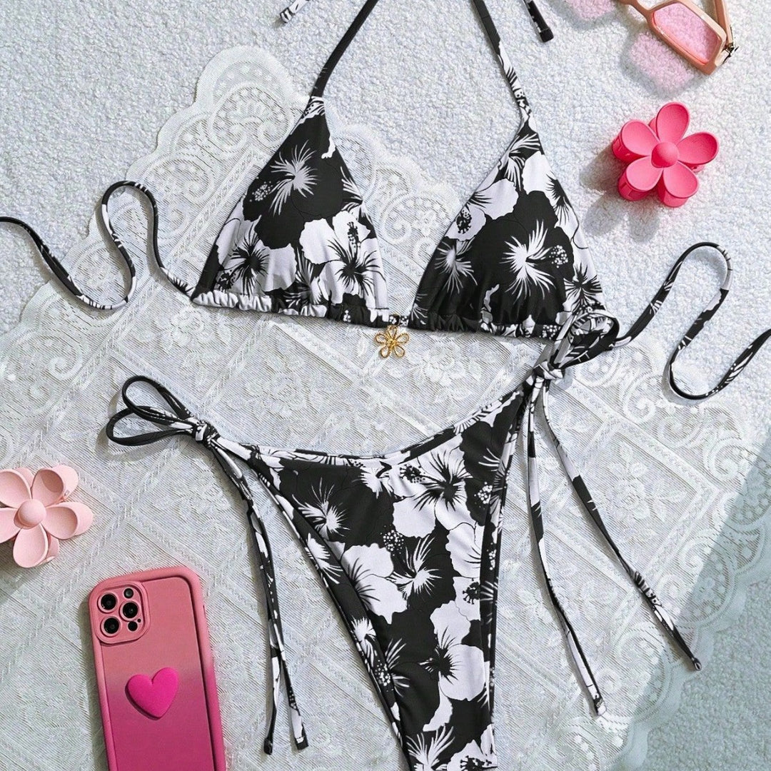 Women's triangle bikini with floral accents and intricate ties Mune Fashion