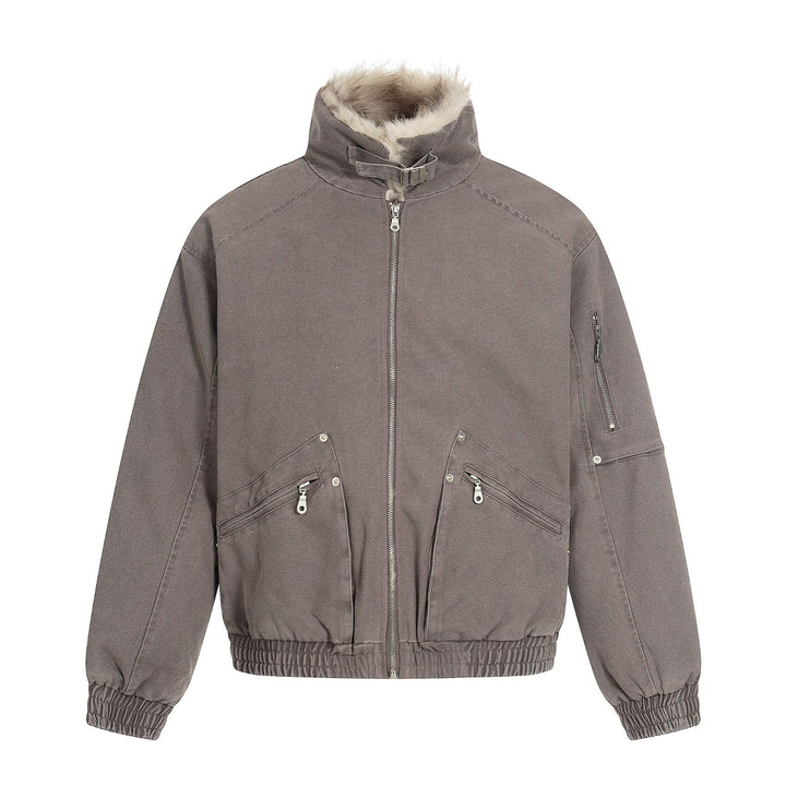 Men's Oversized Bomber Jacket in Vintage Canvas Look with Faux Fur Lined Stand Collar Mune Fashion