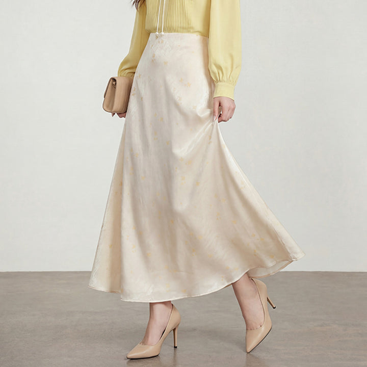 Women's A-line midi skirt in jacquard satin with floral and butterfly reliefs Mune Fashion