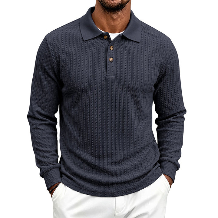 Men's Long Sleeve Knitted Polo Shirt with Cable Pattern and Button Placket Mune Fashion