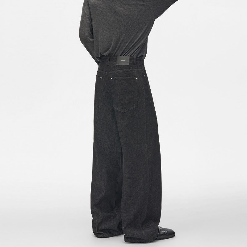 Men's High-Waisted Wide Denim Pants with Visible Button Placket and Extra Long Hem Mune Fashion