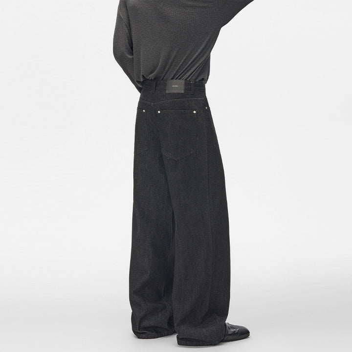 Men's High-Waisted Wide Denim Pants with Visible Button Placket and Extra Long Hem Mune Fashion
