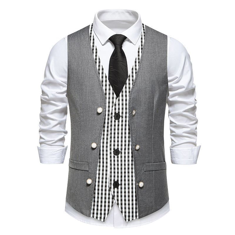 Men's two-piece layered vest with contrasting checkered inner leg and decorative mother-of-pearl buttons Mune Fashion