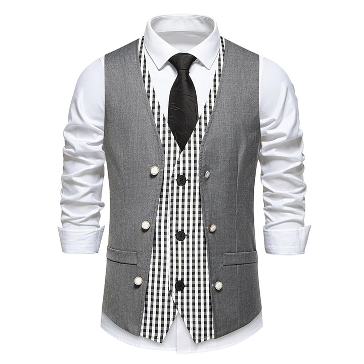 Men's two-piece layered vest with contrasting checkered inner leg and decorative mother-of-pearl buttons Mune Fashion