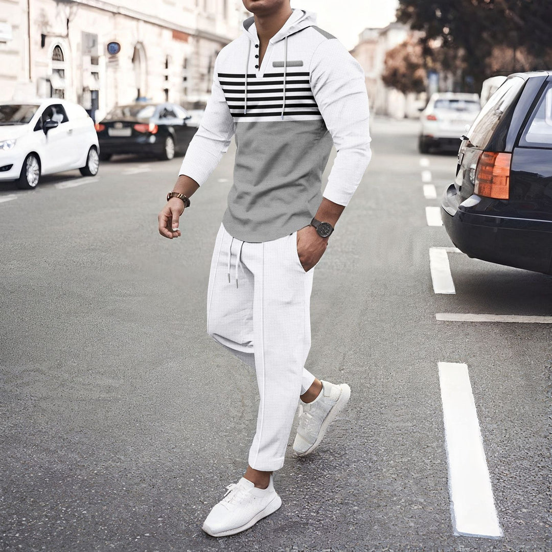 Men's urban hooded Henley leisure set with striped yoke and cropped jogger pants Mune Fashion