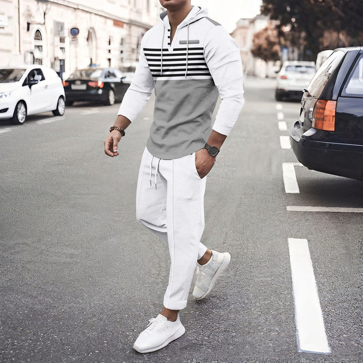 Men's urban hooded Henley leisure set with striped yoke and cropped jogger pants Mune Fashion