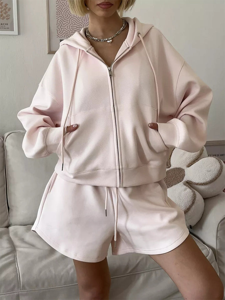 Women nan short hoodie sweatshirt with zipper and elastic high-waist relax shorts set Mune Fashion