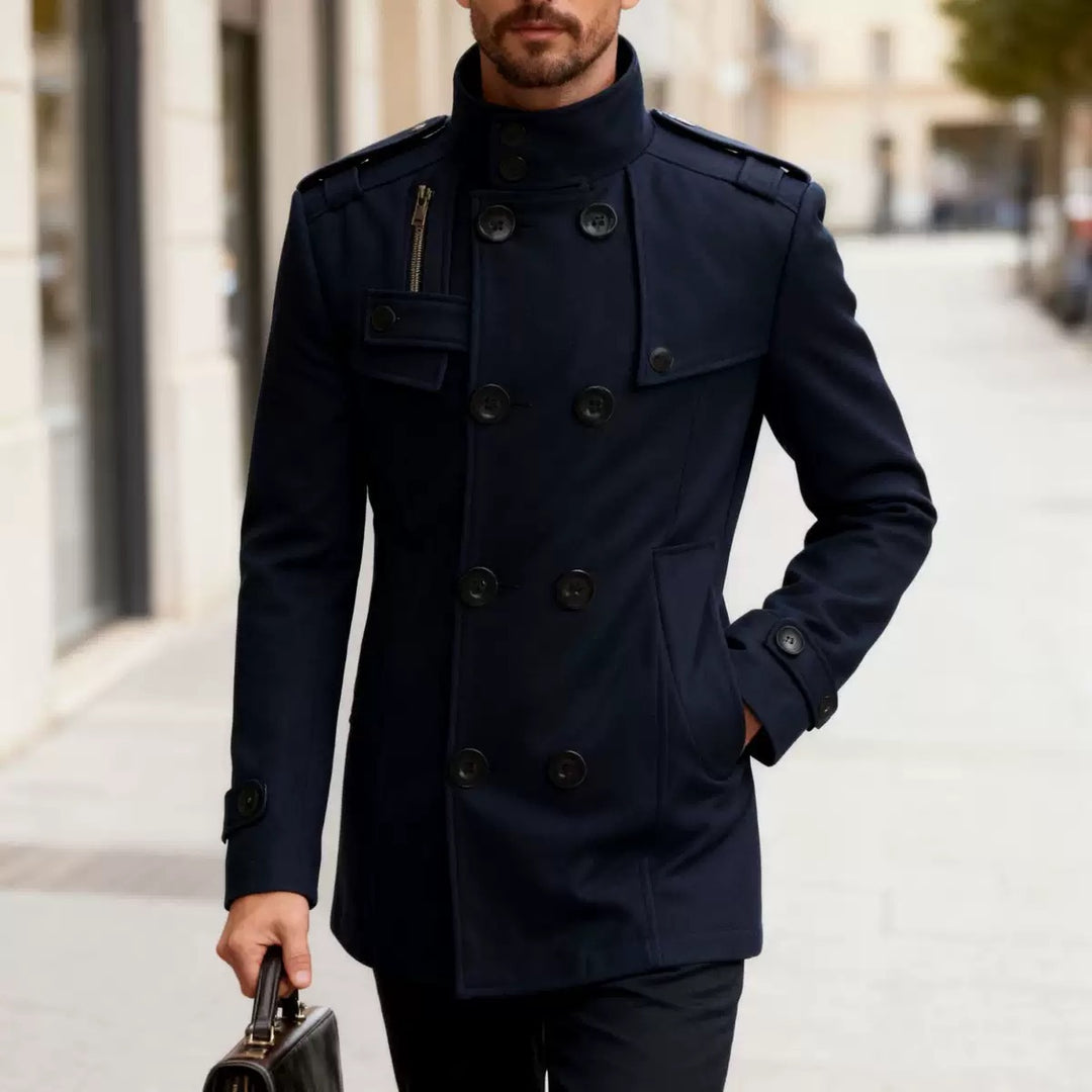 Men's tailored double-breasted short coat with stand-up collar and shoulder flaps Mune Fashion