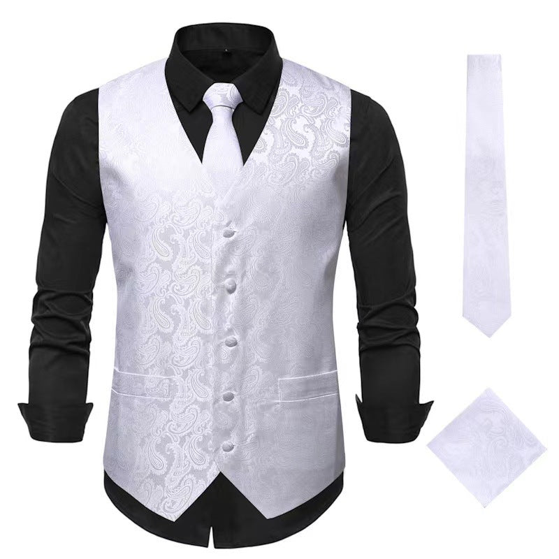 Men's Nan Paisley Satin Suit Vest Set with Tie and Pocket Square Mune Fashion