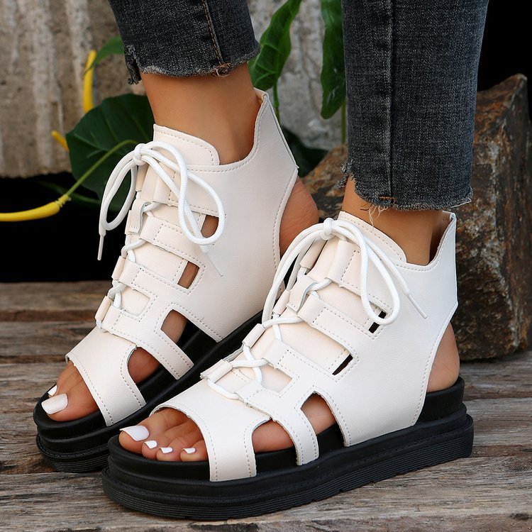 Women's lace-up sandals with cut-out design, open heel, and sturdy tread sole Mune Fashion