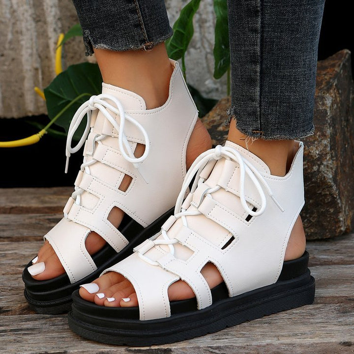 Women's lace-up sandals with cut-out design, open heel, and sturdy tread sole Mune Fashion