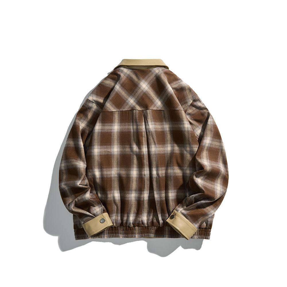 Men's Checkered Overshirt Jacket made of Flannel with Faux Leather Details and Snap Button Placket Mune Fashion