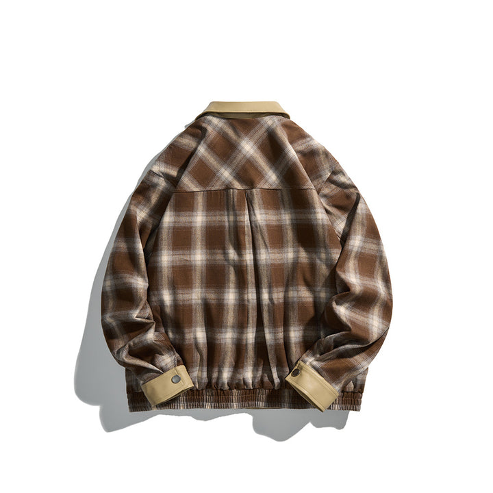 Men's Checkered Overshirt Jacket made of Flannel with Faux Leather Details and Snap Button Placket Mune Fashion