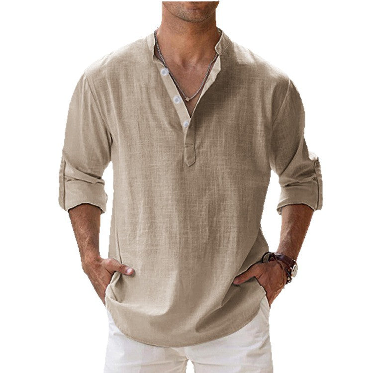 Men's nan casual linen henley shirt with stand-up collar, roll-up sleeves, and rounded hem Mune Fashion