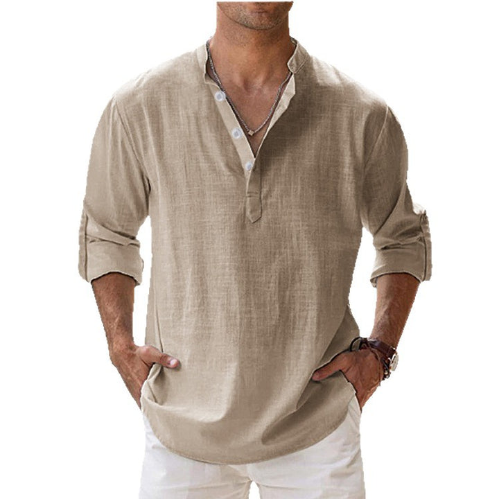 Men's nan casual linen henley shirt with stand-up collar, roll-up sleeves, and rounded hem Mune Fashion