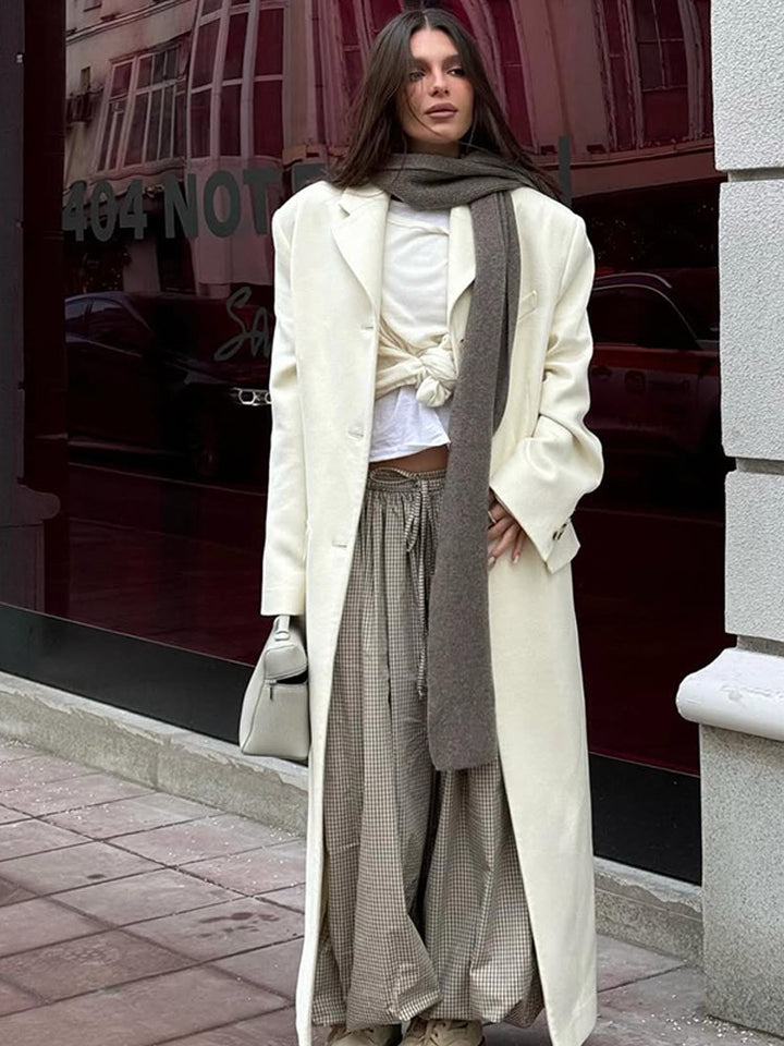 Women's Longline Wool Coat with Minimalist Button Placket, Structured Shoulder, and Classic Lapel Collar Mune Fashion