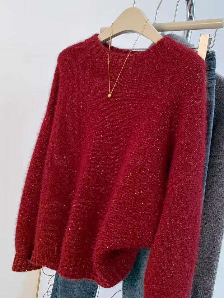 Women Cozy Oversized Sweater in Mohair Look with Round Neck and Subtle Glitter Effect Mune Fashion