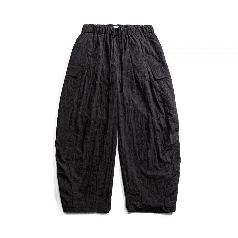 Unisex Wide Cropped Cargo Pants with Elastic Waistband, Drawstring and Overlay Pockets Mune Fashion