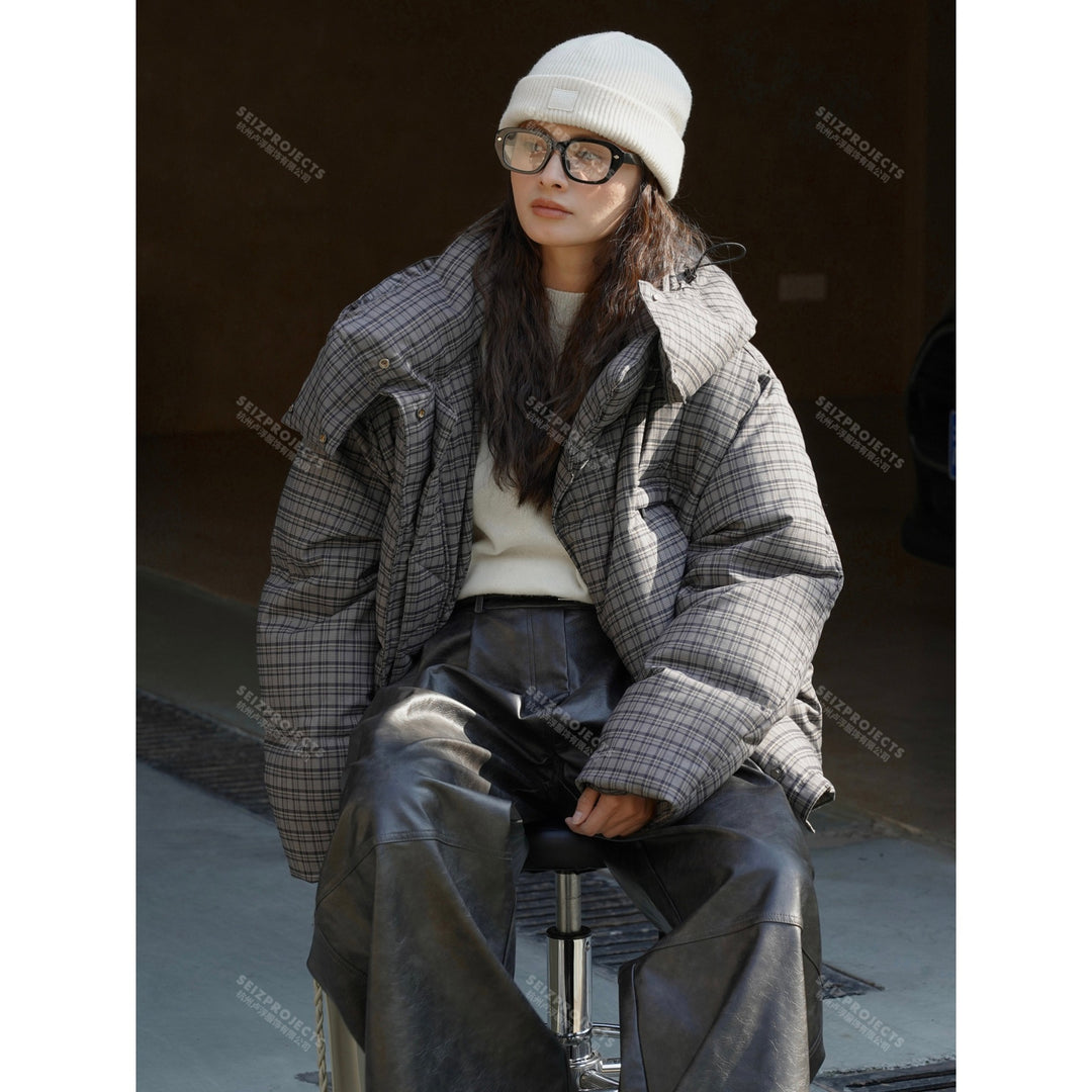 Women Short Cut Quilted Check Pattern Padded Jacket with Hood Mune Fashion