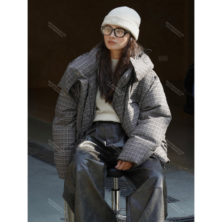 Women Short Cut Quilted Check Pattern Padded Jacket with Hood Mune Fashion