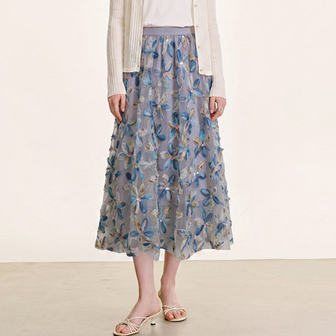 Women's embroidered A-line tulle skirt with 3D floral appliqué and high-waisted elastic waistband Mune Fashion