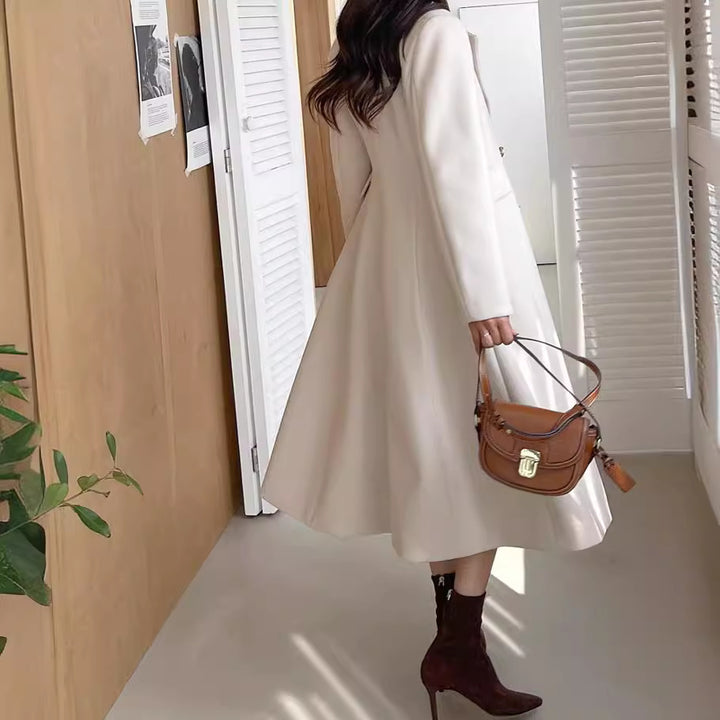 Women's Mid-length tailored A-line wool blend coat with flared skirt and golden decorative buttons Mune Fashion