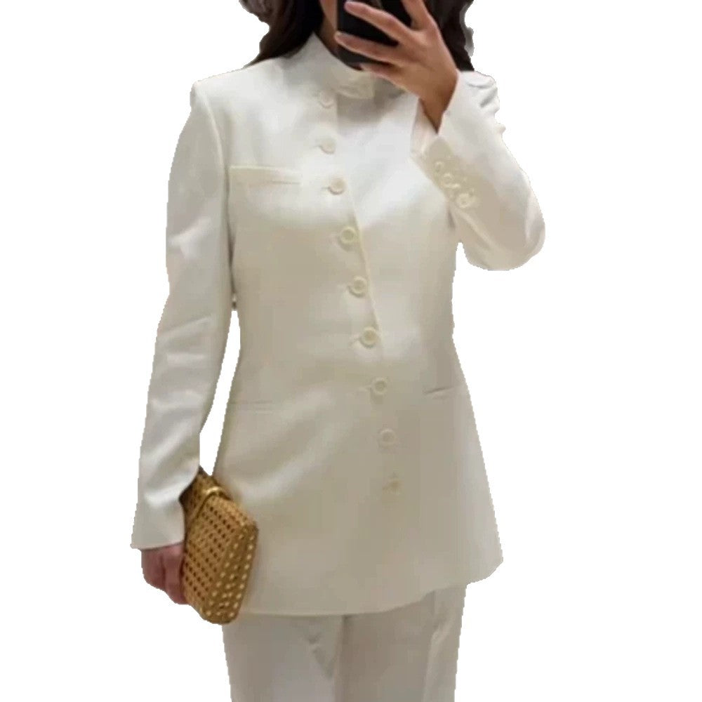 Women Longline Blazer with Stand Collar and Slim Silhouette Mune Fashion