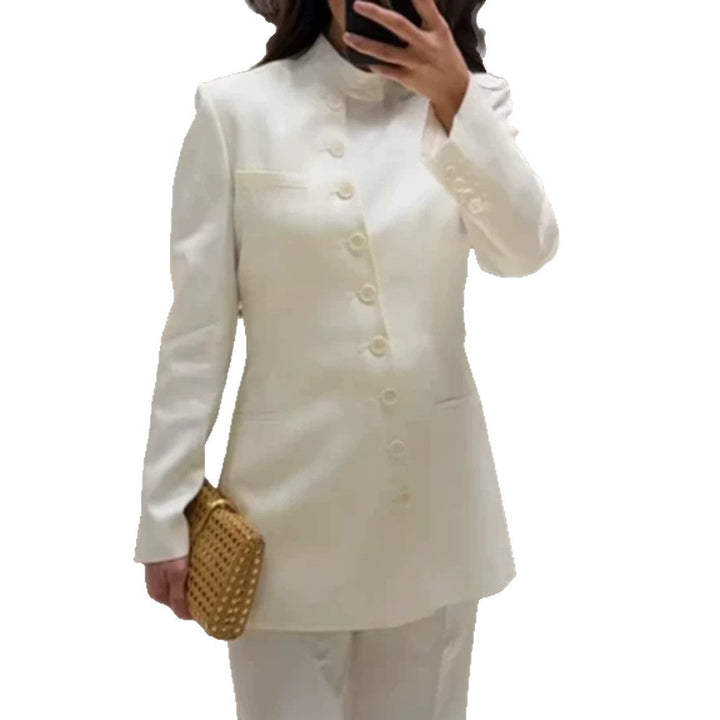 Women Longline Blazer with Stand Collar and Slim Silhouette Mune Fashion