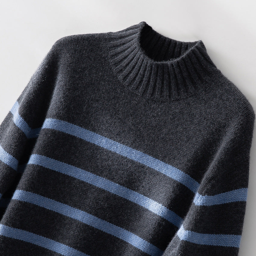 Women Striped Fine Knit Sweater with Half-High Ribbed Collar and Ribbed Hem Mune Fashion