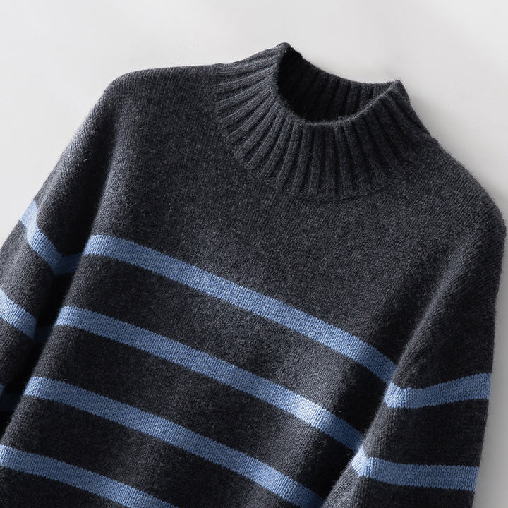 Women Striped Fine Knit Sweater with Half-High Ribbed Collar and Ribbed Hem Mune Fashion